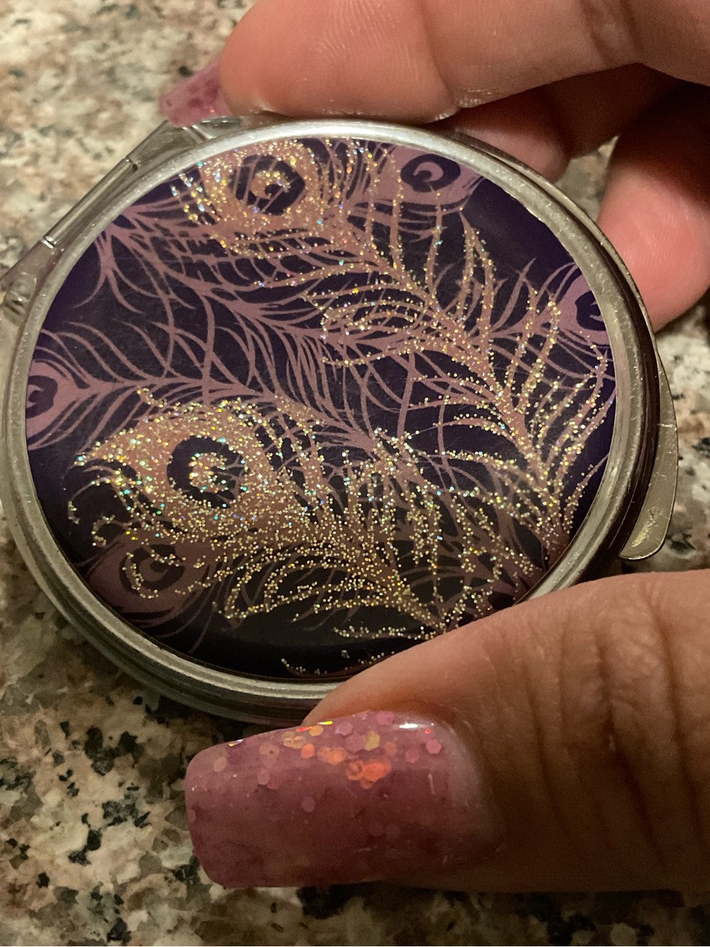 Glitter Peacock Feather Compact Mirror - Purple & Gold